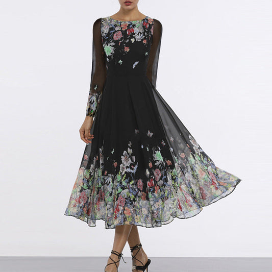 Robe longue femme – Tulle léger – Appliqués floraux – Manches transparentes – Coupe élégante
