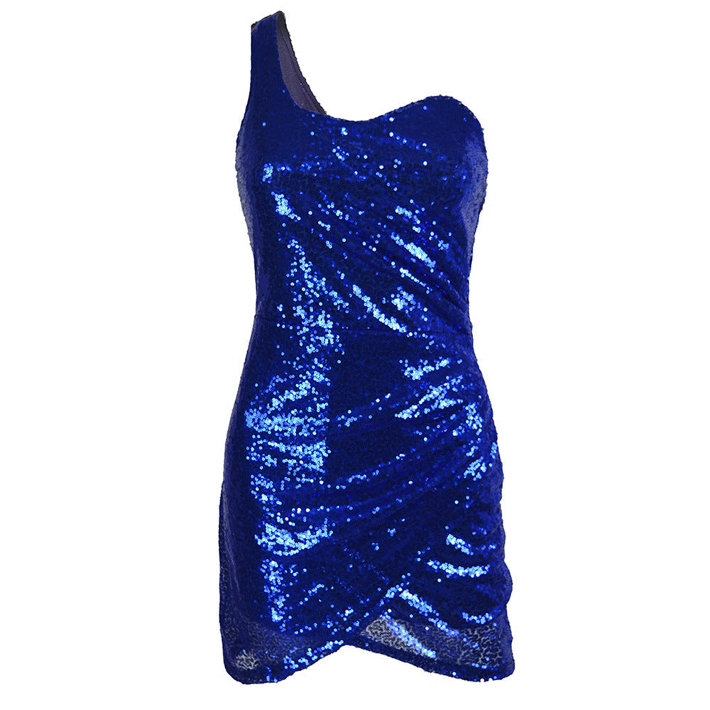 Robe Mini Femme – Coupe Slim – Une Épaule – Sequin Brillant – Style Soirée