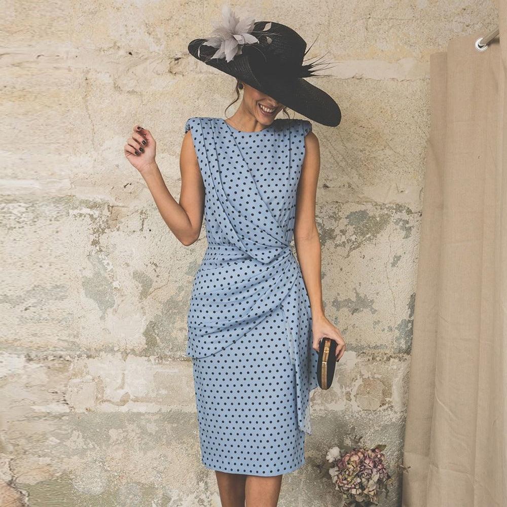 Robe Femme - Sans Manches - Motif Pois - Coupe Cintrée - Longueur Genou Élégante