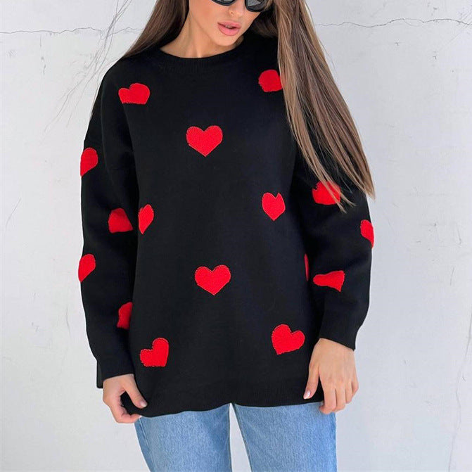 Sweat-shirt femme – Maille douce – Coupe oversize – Motif cœurs – Manches longues
