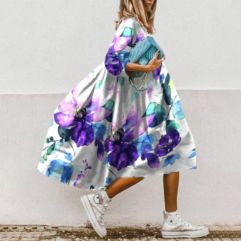 Robe Maxi Femme - Fluide et Confortable - Manches 3/4 - Col Rond - Motif Fleuri