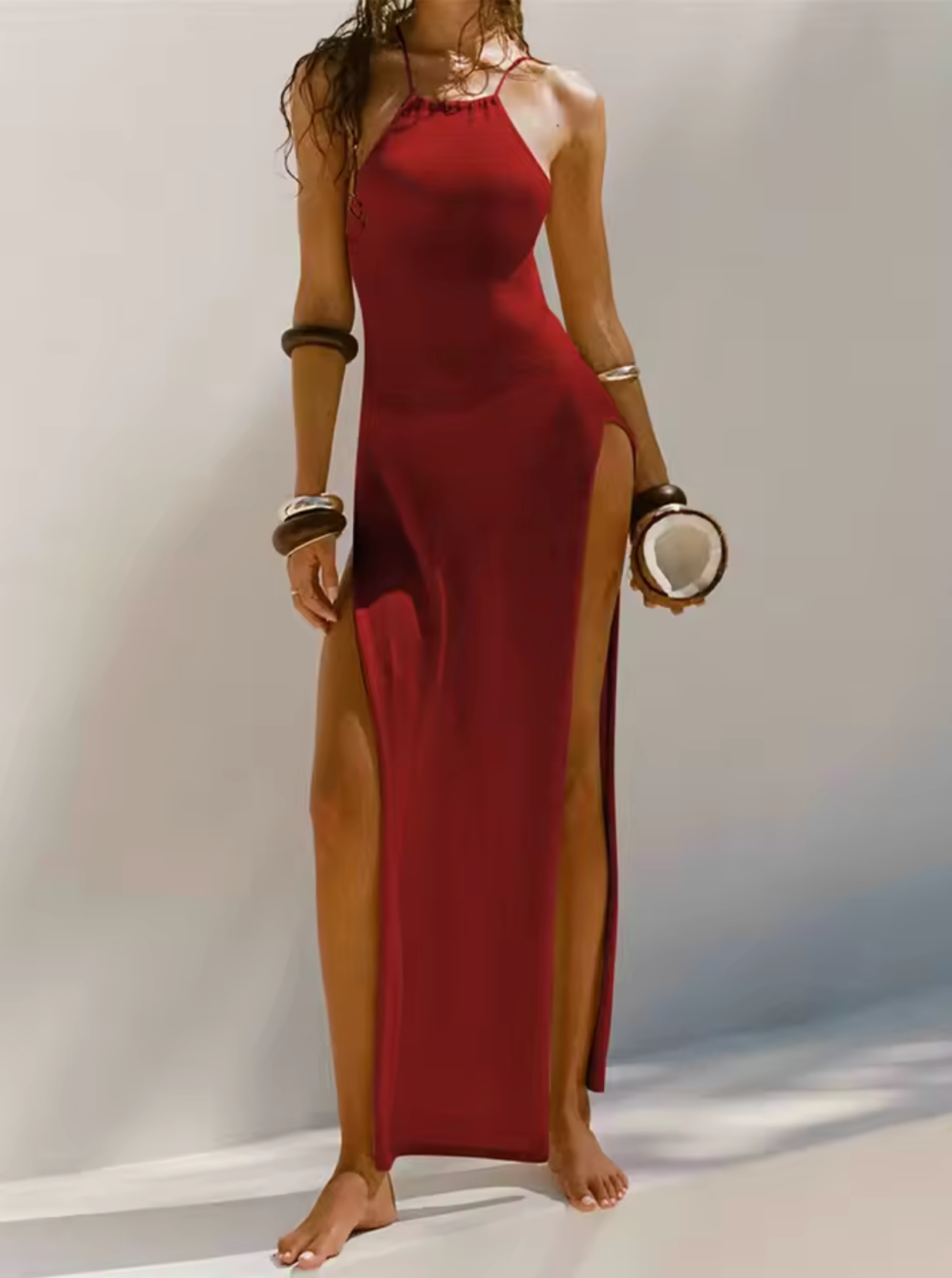 Robe Maxi Femme – Sans Manches – Fendue – Col Halter – Coupe Ajustée Élégante
