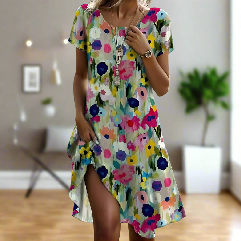 Robe Femme - Imprimé Fleuri - Manches Courtes - Coupe Décontractée - Col Rond