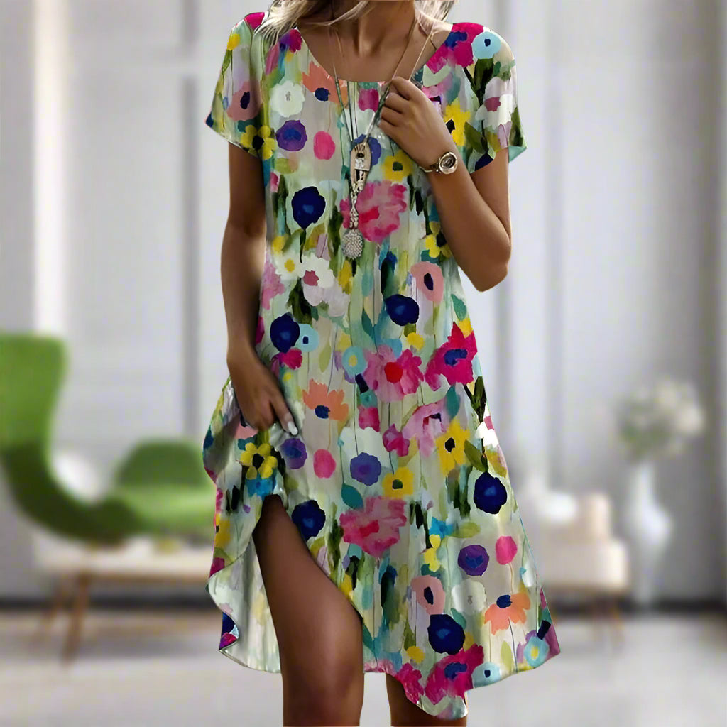 Robe Femme - Imprimé Fleuri - Manches Courtes - Coupe Décontractée - Col Rond