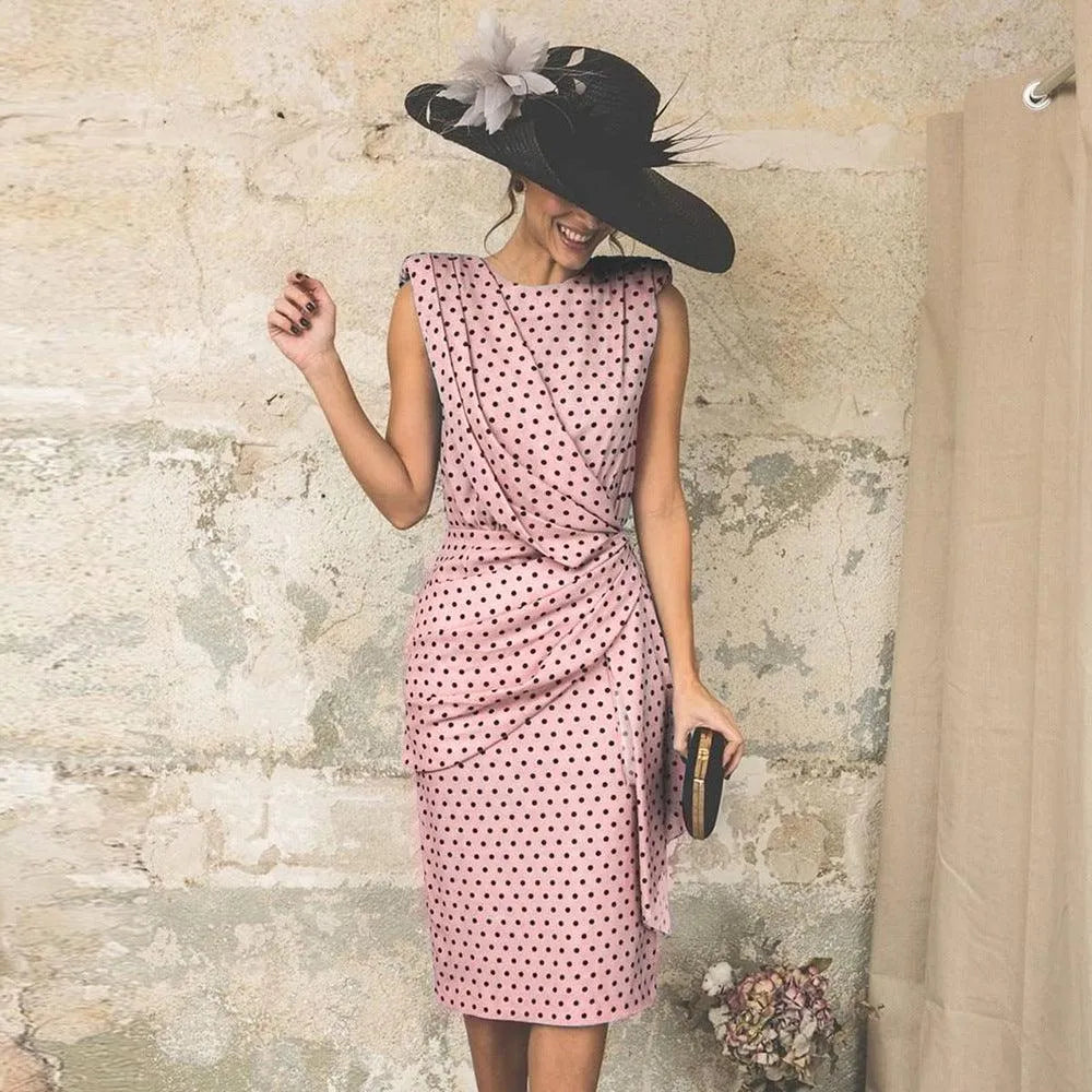 Robe Femme - Sans Manches - Motif Pois - Coupe Cintrée - Longueur Genou Élégante