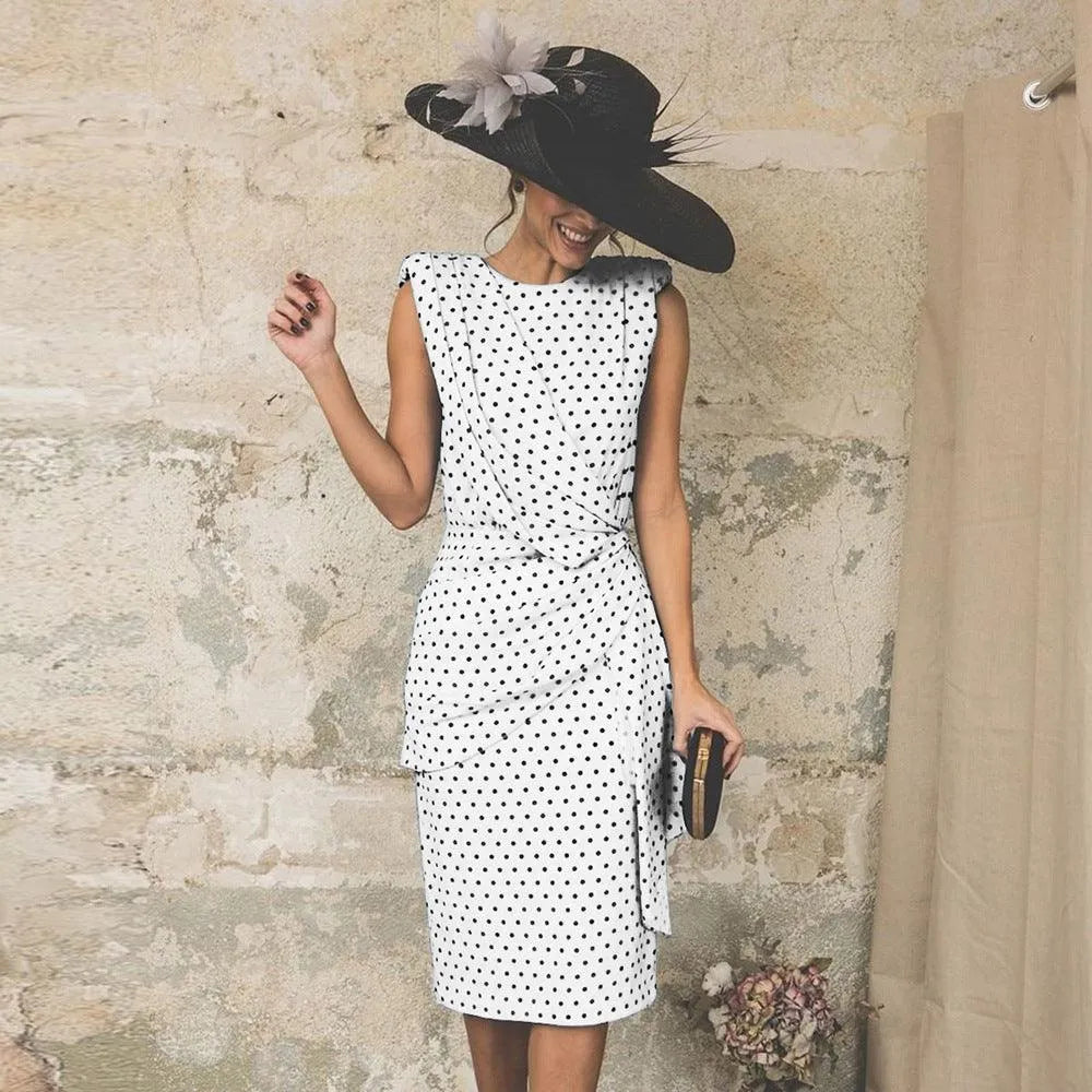 Robe Femme - Sans Manches - Motif Pois - Coupe Cintrée - Longueur Genou Élégante