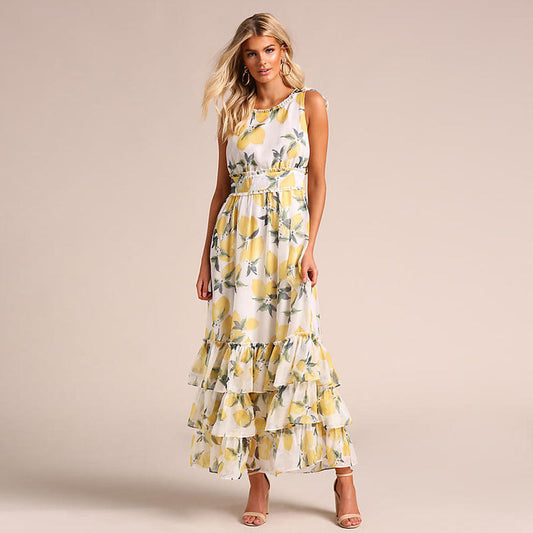 Robe longue femme – Coupe évasée – Sans manches – Ourlet volanté – Tissu respirant