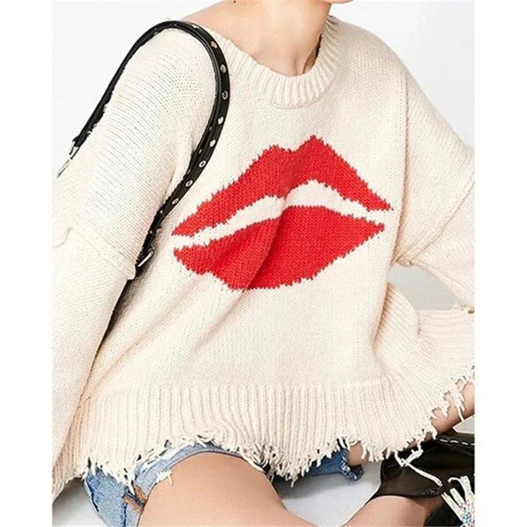 Pull femme – Maille épaisse – Coupe oversize – Motif lèvres – Ourlet frangé