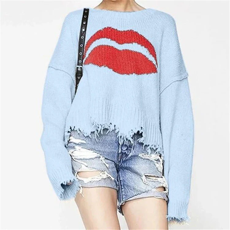 Pull femme – Maille épaisse – Coupe oversize – Motif lèvres – Ourlet frangé