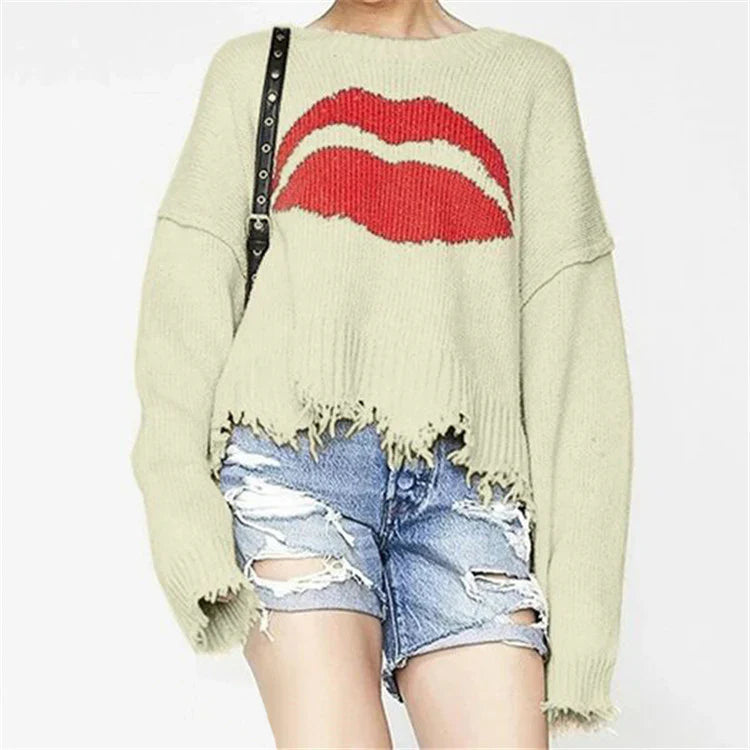 Pull femme – Maille épaisse – Coupe oversize – Motif lèvres – Ourlet frangé