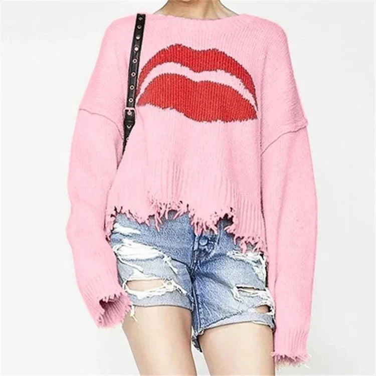 Pull femme – Maille épaisse – Coupe oversize – Motif lèvres – Ourlet frangé