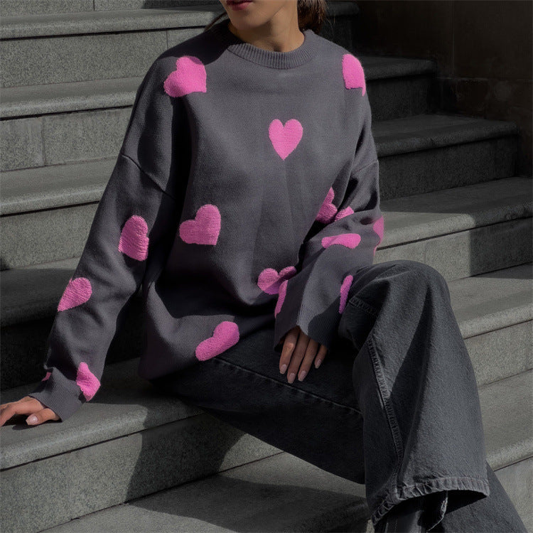 Sweat-shirt femme – Maille douce – Coupe oversize – Motif cœurs – Manches longues