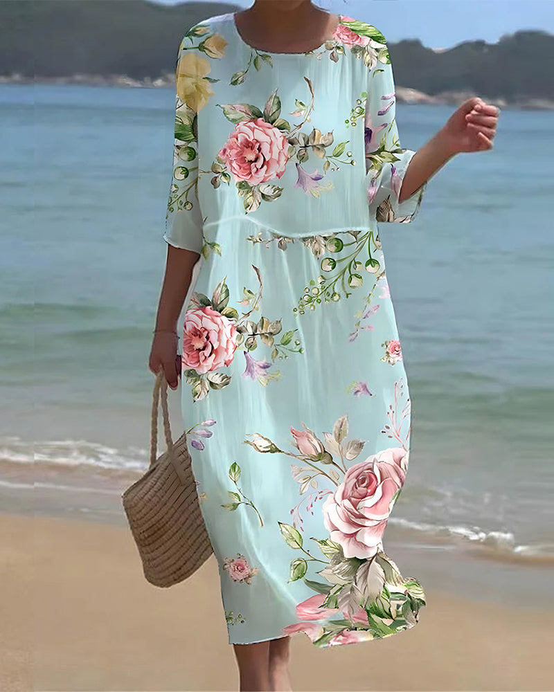 Robe Maxi Femme - Fluide et Légère - Manches 3/4 - Col Rond - Tissu Respirant