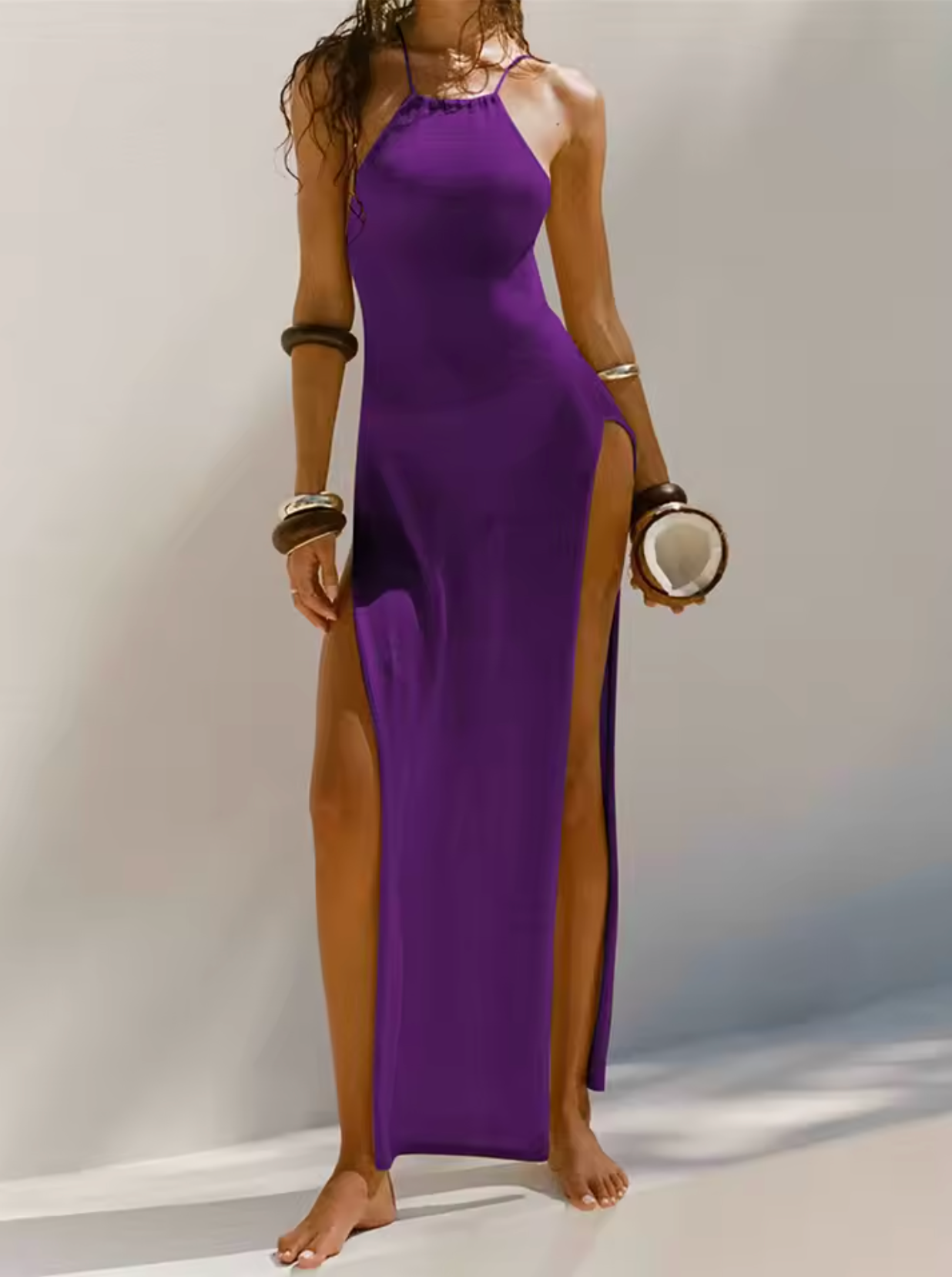 Robe Maxi Femme – Sans Manches – Fendue – Col Halter – Coupe Ajustée Élégante