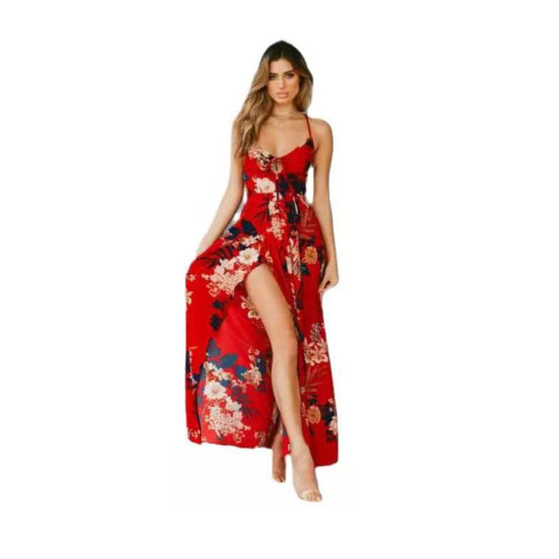 Robe longue femme – Coupe fluide – Bretelles fines – Imprimé fleuri – Fente latérale