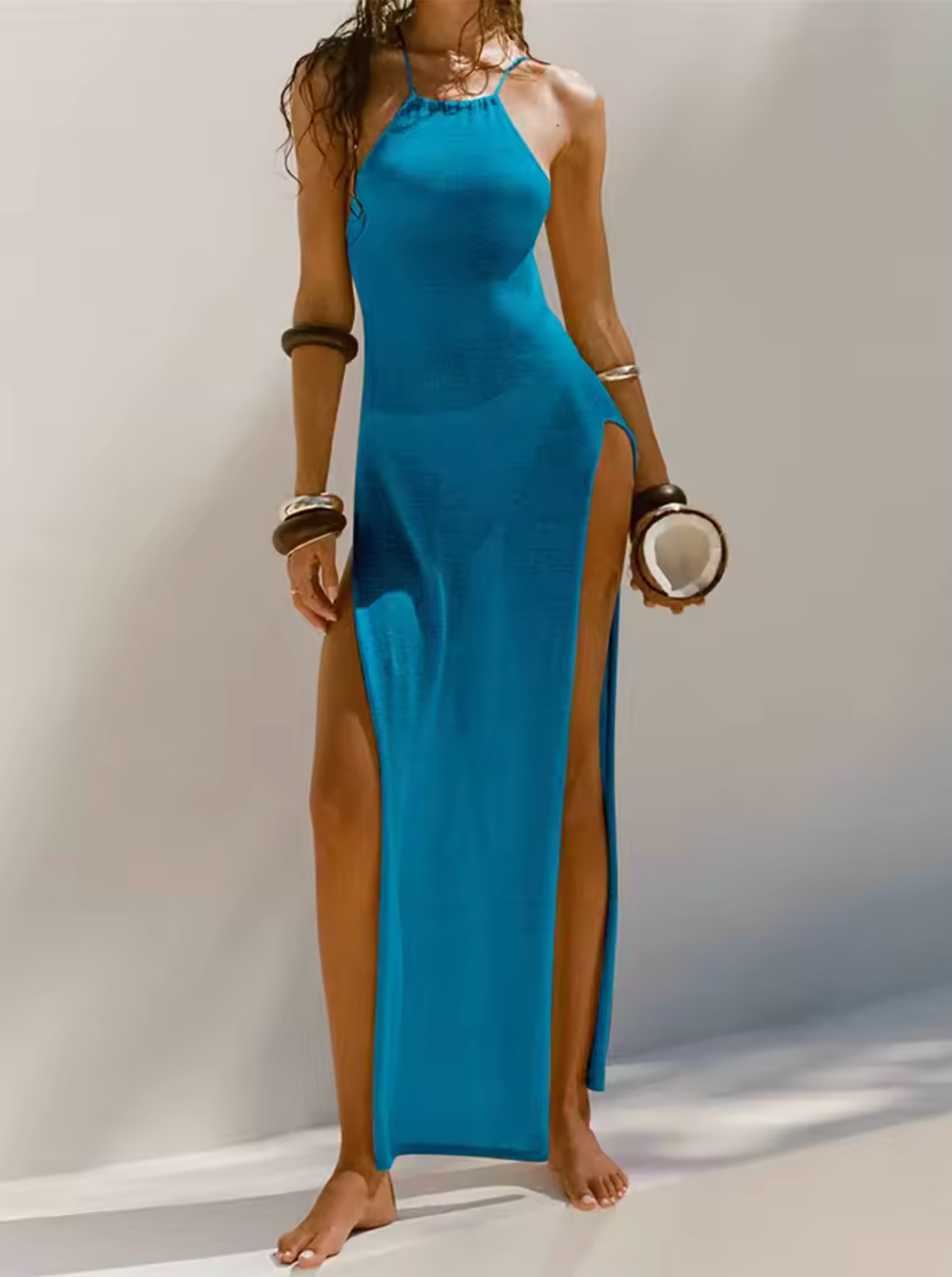 Robe Maxi Femme – Sans Manches – Fendue – Col Halter – Coupe Ajustée Élégante