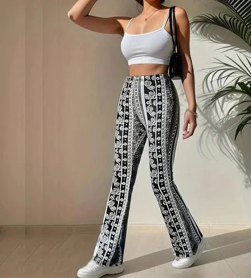 Pantalon Évasé Femme – Taille Haute – Motif Bohème – Coupe Ajustée et Confortable