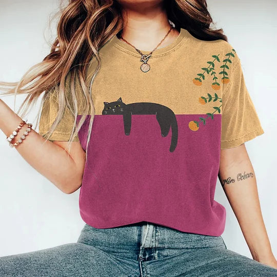 T-shirt Femme - Coupe Classique - Col Rond - Motif Graphique Chat Décontracté