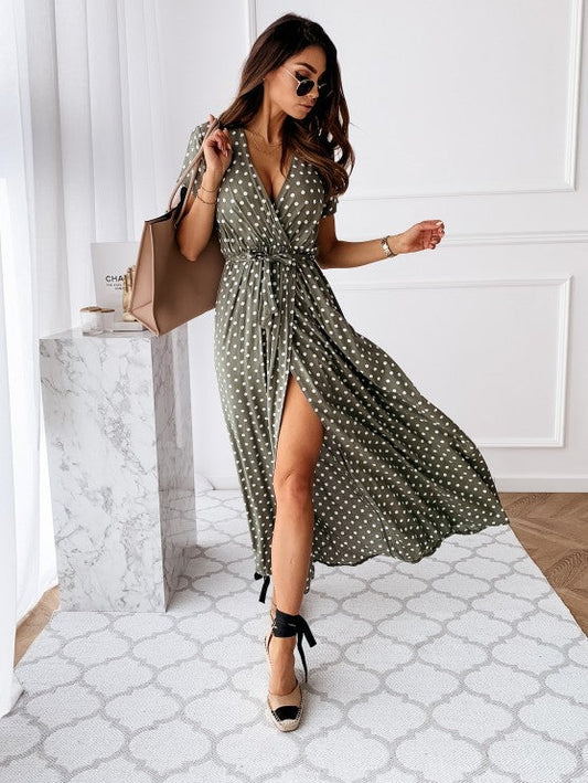 Robe longue femme – coupe fluide – décolleté en V – imprimé à pois – fente haute