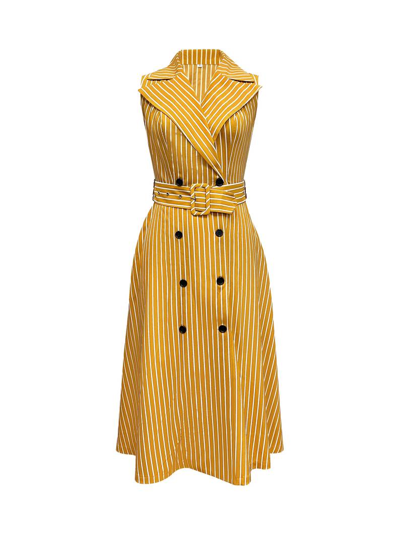Robe Midi Sans Manches Femme - Boutons Croisés - Ceinture Taille - Coupe Évasée Élégante