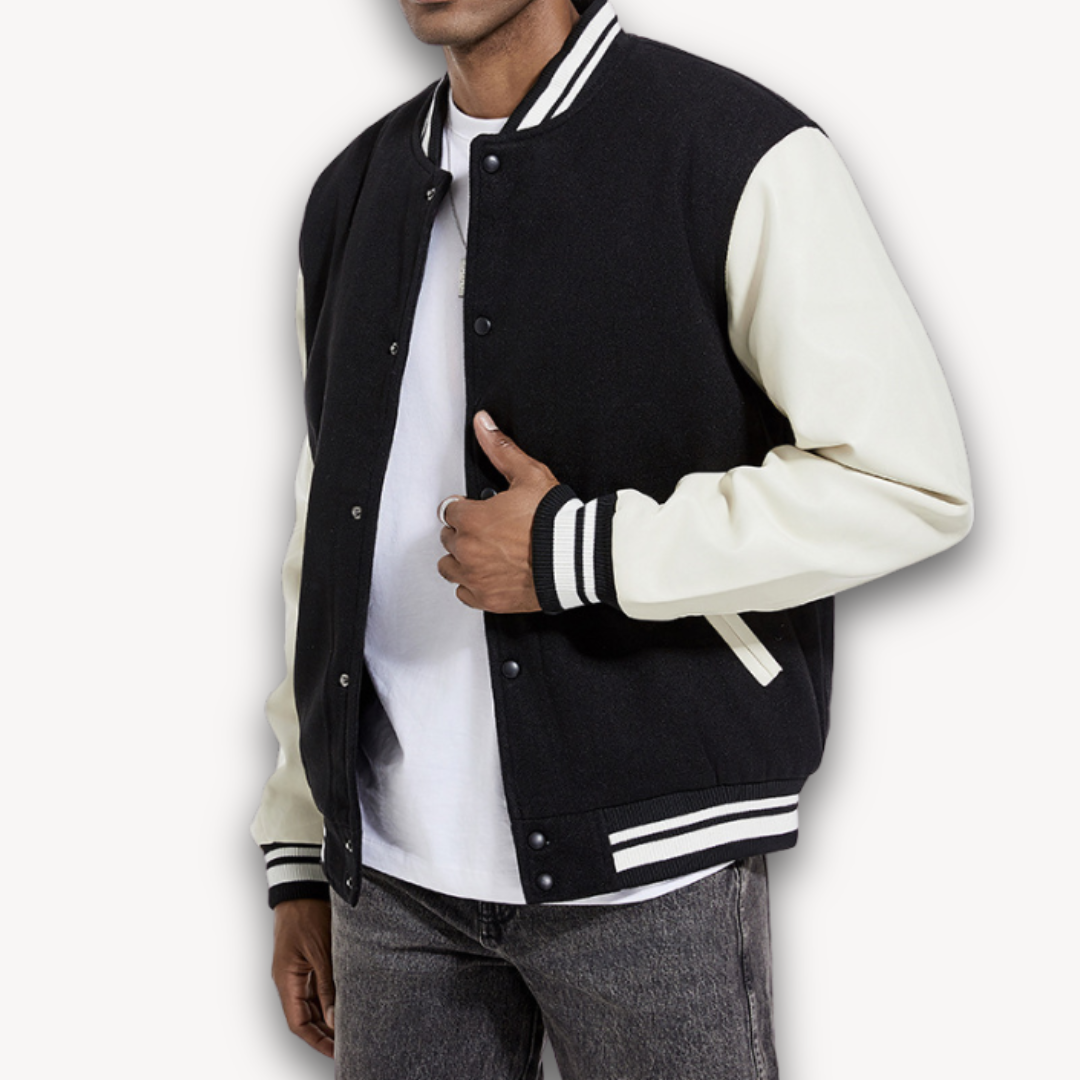 Veste universitaire homme – Coupe décontractée – Manches effet cuir – Boutons pression