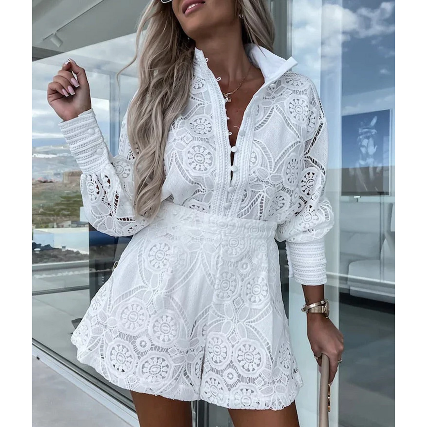 Combinaison Femme - Dentelle Florale Élégante - Manches Longues - Taille Cintrée