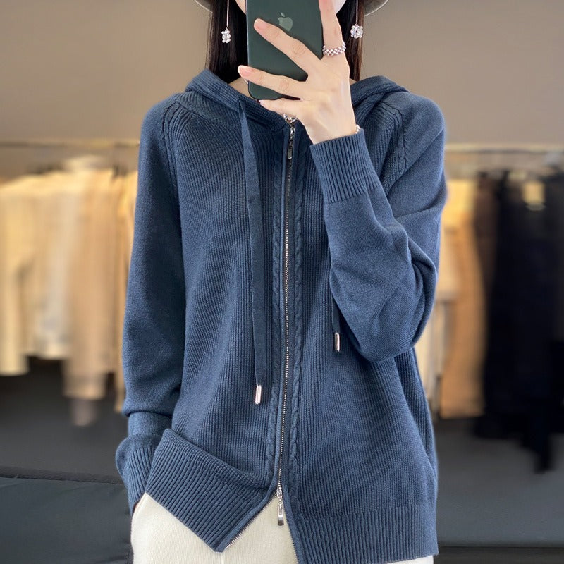 Sweat à capuche femme zippé – Coupe décontractée – Maille douce – Côtes et torsades