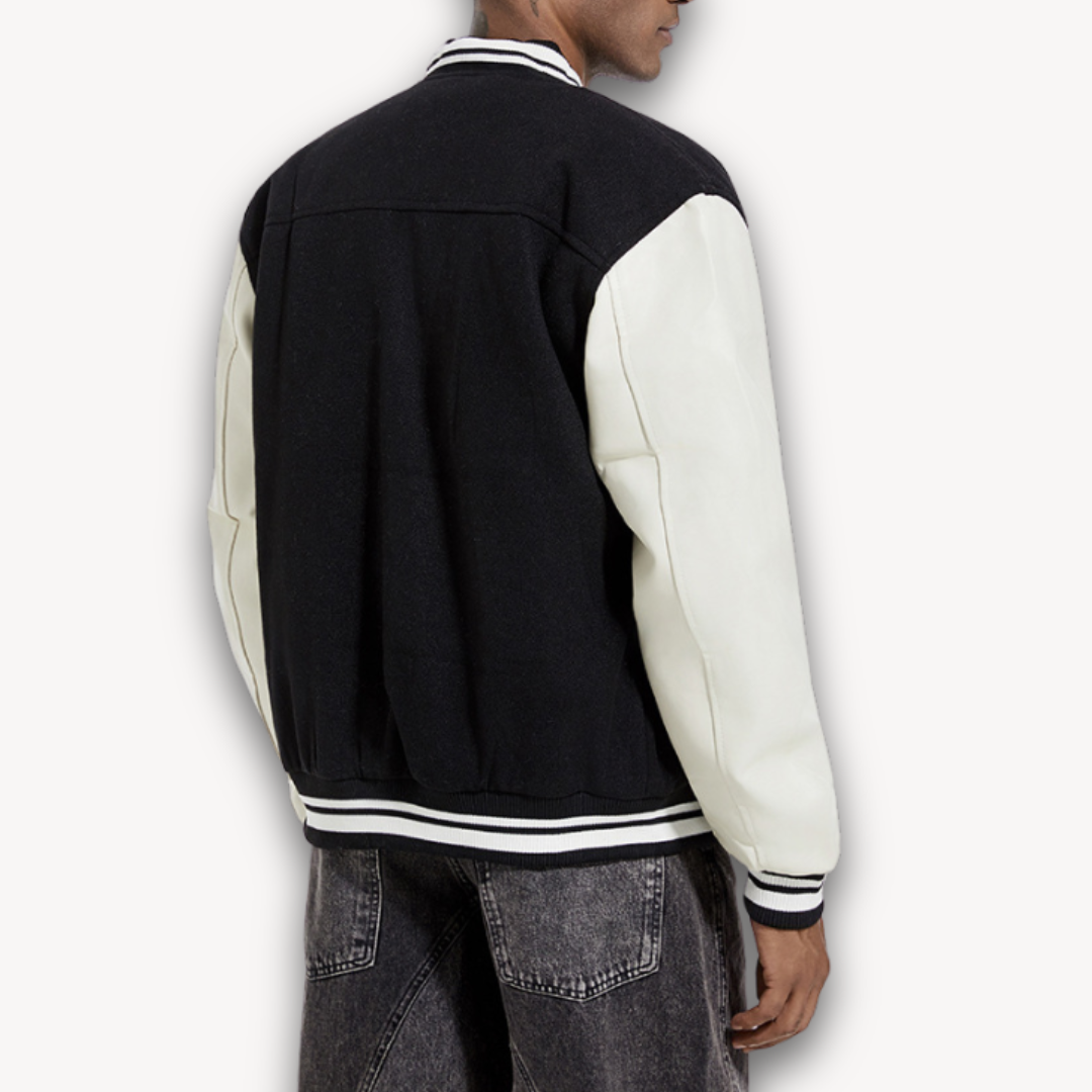 Veste universitaire homme – Coupe décontractée – Manches effet cuir – Boutons pression