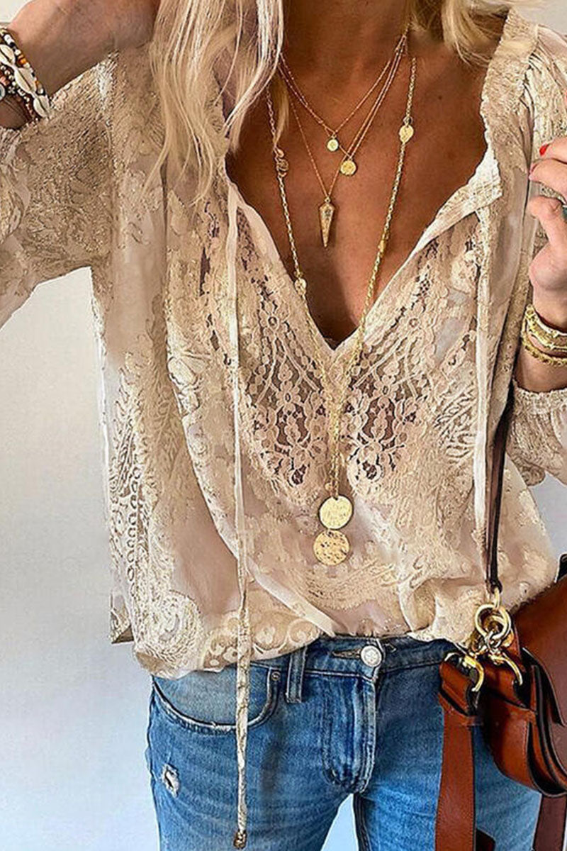 Blouse Femme - Dentelle Élégante - Manches Longues - Col V avec Liens - Coupe Ample