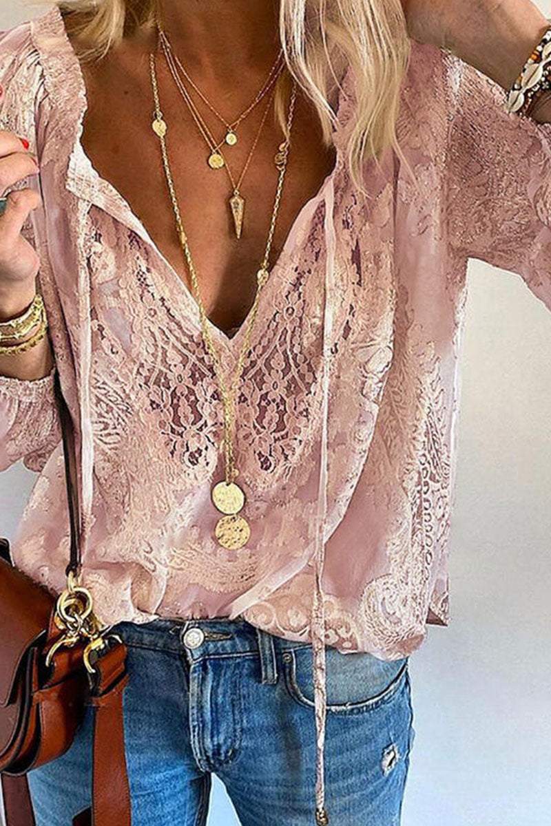 Blouse Femme - Dentelle Élégante - Manches Longues - Col V avec Liens - Coupe Ample
