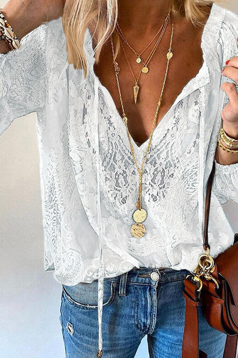 Blouse Femme - Dentelle Élégante - Manches Longues - Col V avec Liens - Coupe Ample