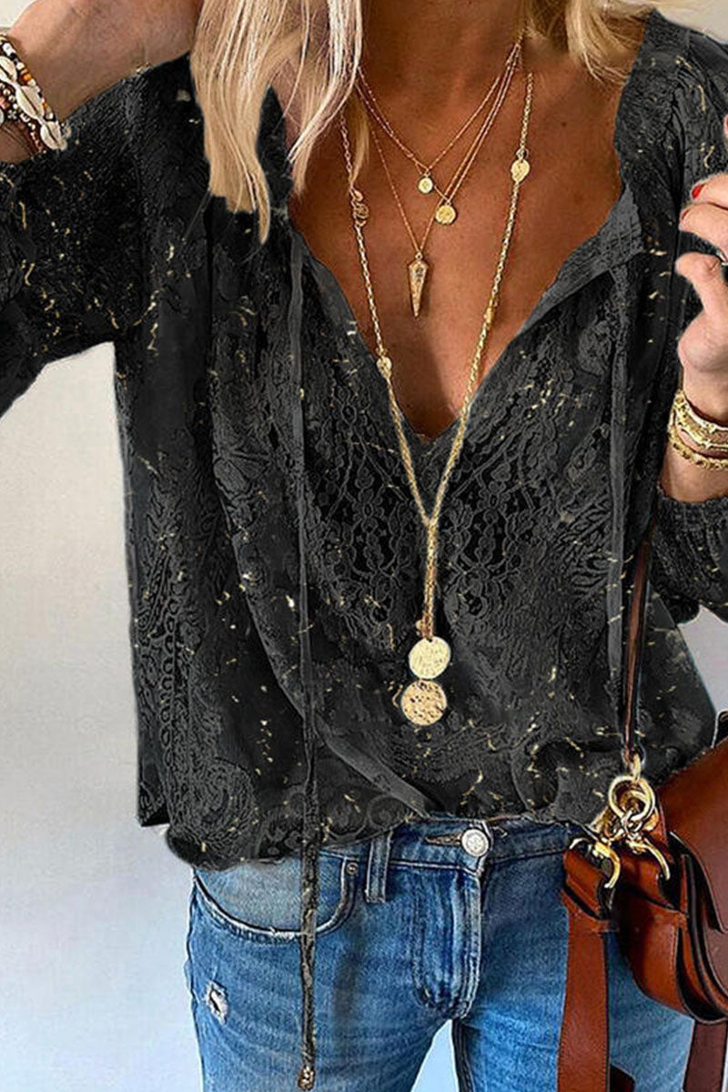 Blouse Femme - Dentelle Élégante - Manches Longues - Col V avec Liens - Coupe Ample