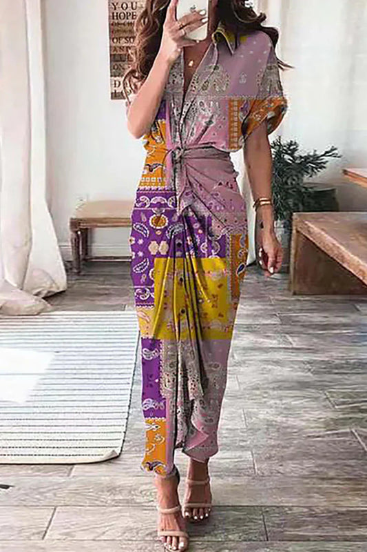 Robe Longue Femme – Style Bohème – Imprimé Patchwork – Manches Courtes – Taille Nouée