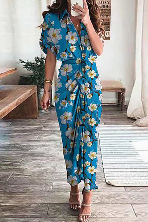 Robe Longue Femme – Style Bohème – Imprimé Patchwork – Manches Courtes – Taille Nouée