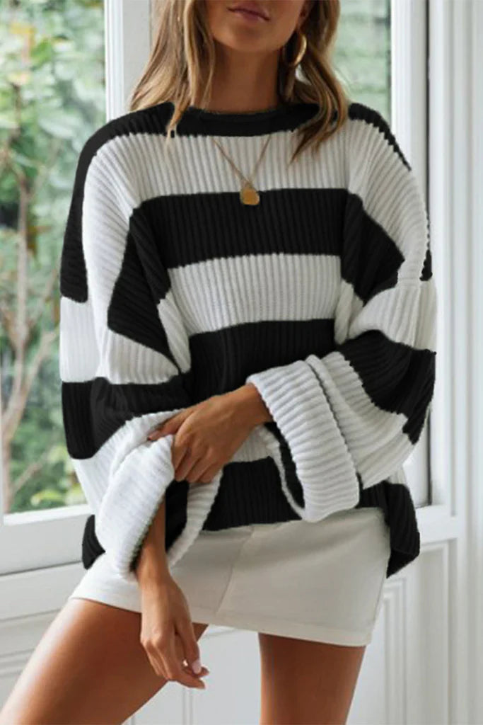 Pull femme – Coupe oversize – Maille côtelée – Col rond – Manches longues confortables
