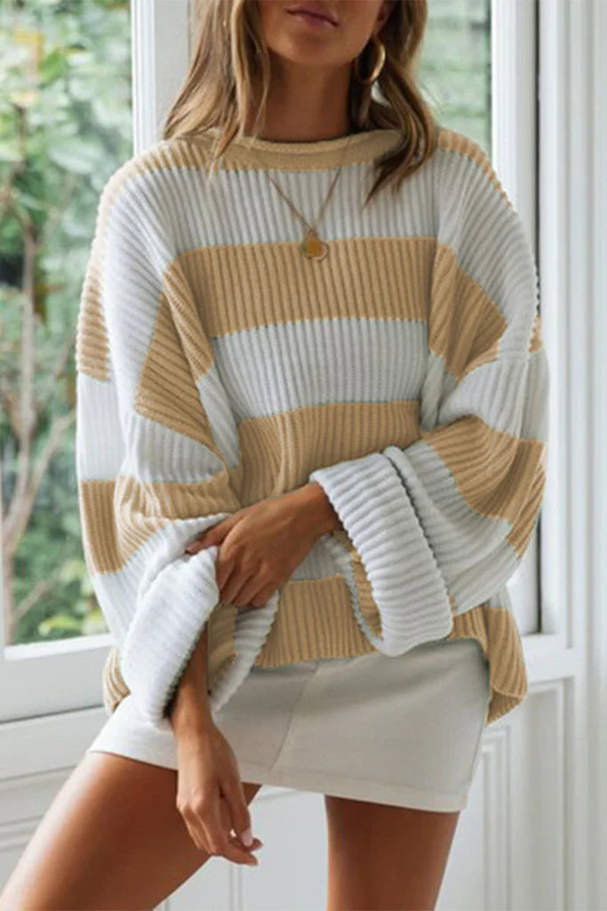 Pull femme – Coupe oversize – Maille côtelée – Col rond – Manches longues confortables