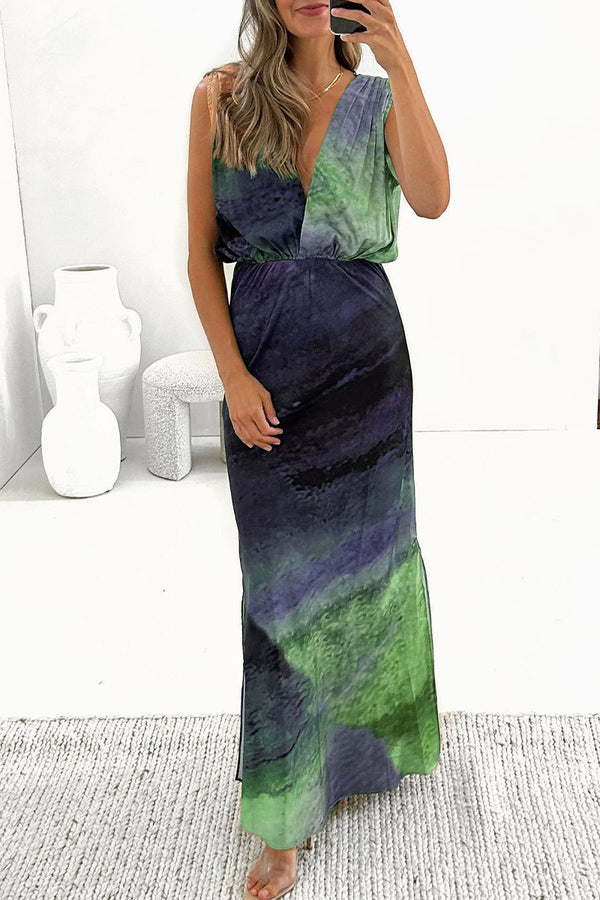 Robe Longue Femme – Sans Manches – Décolleté V – Coupe Ample – Tissu Fluide Élégant