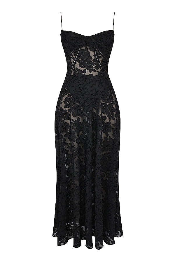 Robe Maxi Femme – Dentelle Brodée – Décolleté Cœur – Bretelles Fines Élégantes