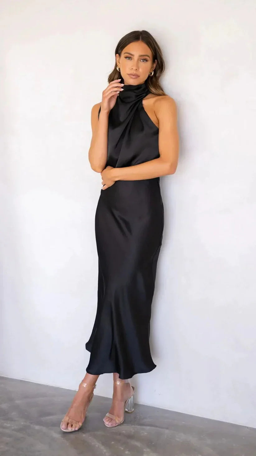 Robe de Soirée Femme – Satin Élégant – Asymétrique Sans Manches – Coupe Midi Ajustée