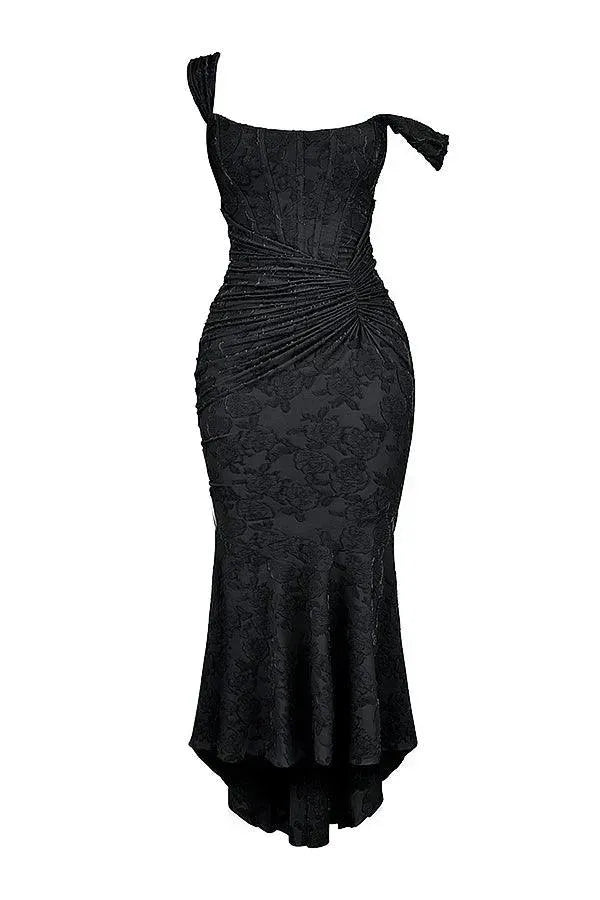 Robe de Soirée Femme - Épaules Dénudées - Corset Ajusté - Dentelle Florale Élégante