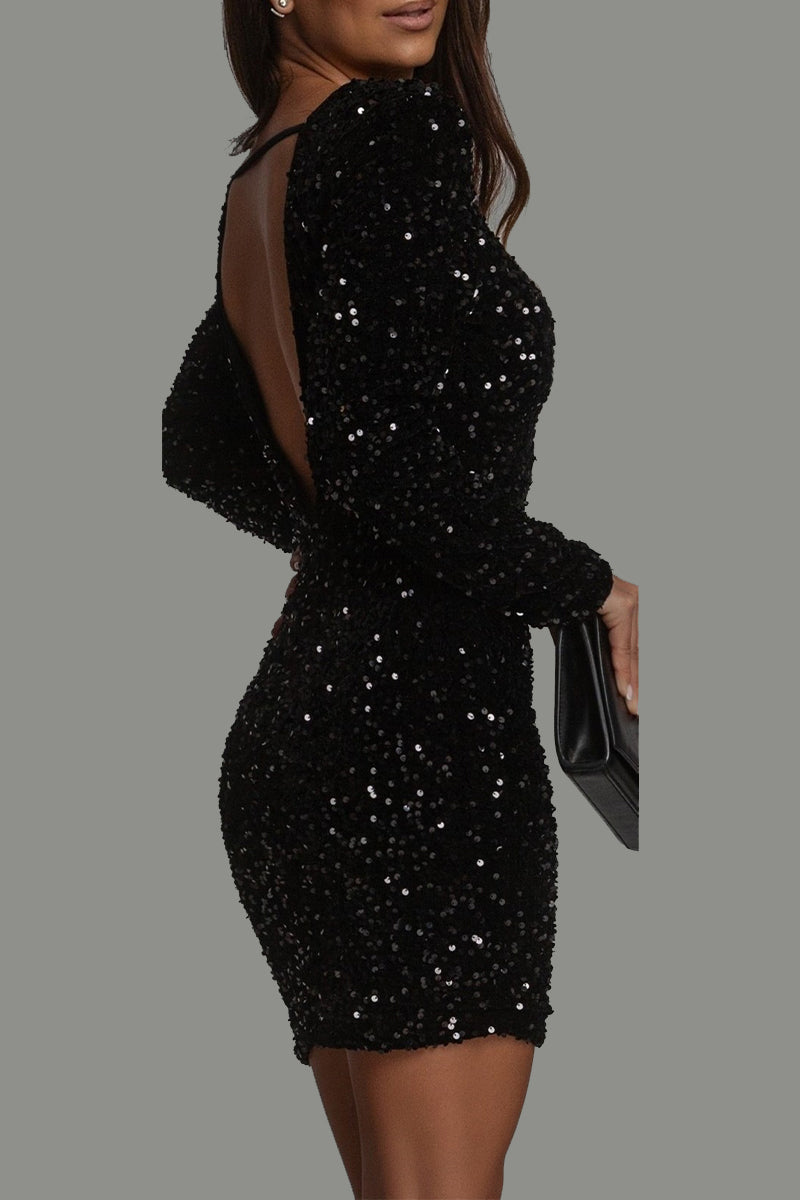 Robe Mini Femme - Dos Nu Ajustée - Manches Longues - Sequins Brillants Soirée