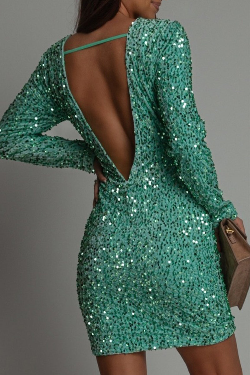 Robe Mini Femme - Dos Nu Ajustée - Manches Longues - Sequins Brillants Soirée