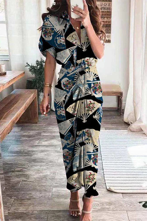 Robe Longue Femme – Style Bohème – Imprimé Patchwork – Manches Courtes – Taille Nouée
