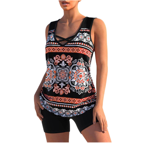 Tankini Femme - Décolleté V - Bretelles Croisées - Motif Géométrique - Confort Ajusté