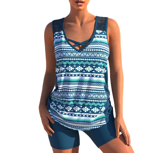 Tankini Femme - Décolleté V - Bretelles Croisées - Motif Géométrique - Confort Ajusté