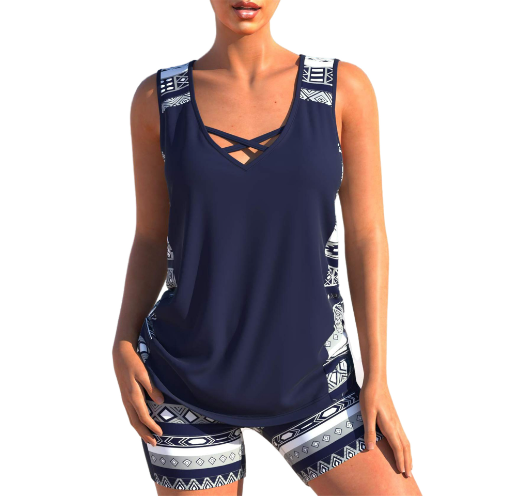 Tankini Femme - Décolleté V - Bretelles Croisées - Motif Géométrique - Confort Ajusté