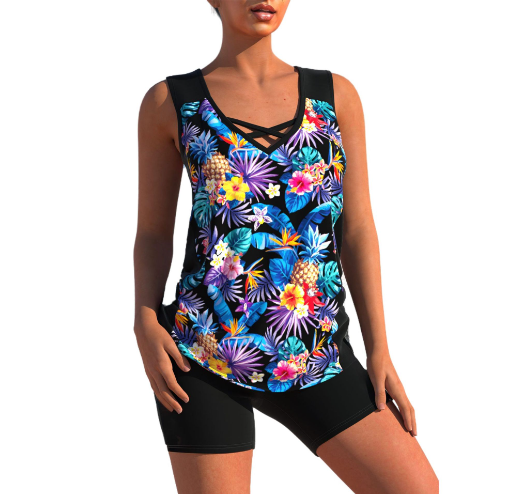 Tankini Femme - Décolleté V - Bretelles Croisées - Motif Géométrique - Confort Ajusté