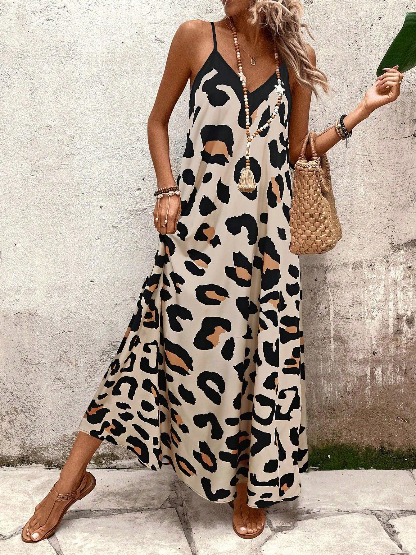 Robe longue sans manches à imprimé léopard pour femme - Élégante et fluide