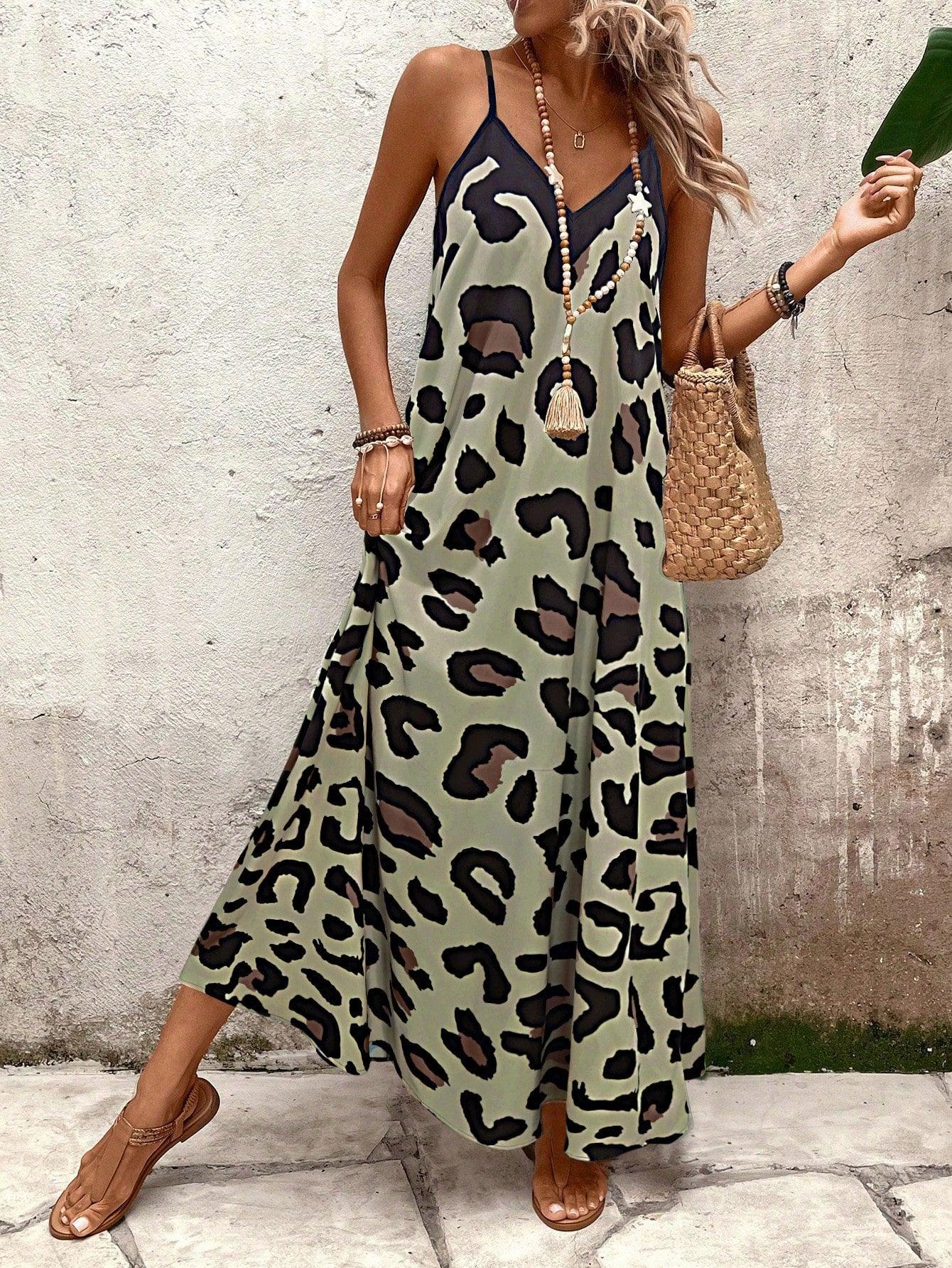 Robe longue sans manches à imprimé léopard pour femme - Élégante et fluide