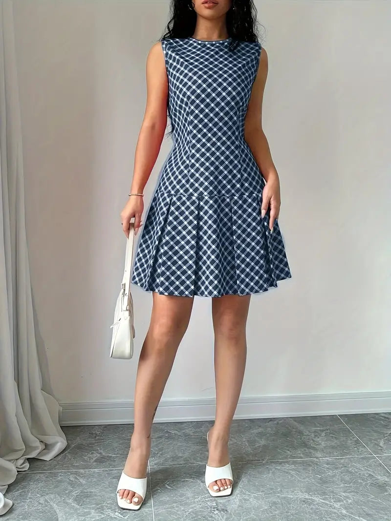 Robe Femme Sans Manches - Coupe Cintrée - Motif Carreaux - Jupe Évasée
